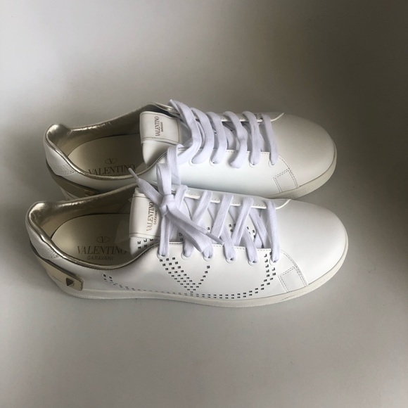 NIB $695 Valentino Net Perforated White Court Sneaker w/ Gold Accent- Size 10.5! - Picture 9 of 16